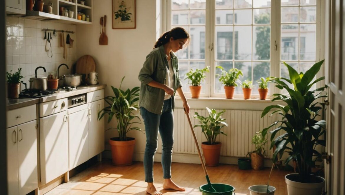 La guerra silenciosa contra las cucarachas: trucos reales (y sin químicos locos) A cozy Buenos Aires apartment, bright and full of green indoor plants, a woman mopping the floor with a bucket and natural cleaning products on display (white vinegar, Castile soap, baking soda), photorealistic editorial style, warm afternoon light streaming through windows, relaxed mood, main subject centered and in focus, minimalistic background highlighting cleanliness.