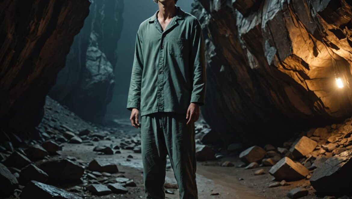Baby Steps: ¿El juego más torpe o la lección más brutal que nos deja 2025? A photorealistic editorial image of a young, disheveled man in pajamas standing barefoot at the edge of a dark cave, looking confused and determined. He is surrounded by rocky terrain and faint glowing lights, with muddy feet and a slightly humorous expression. The lighting is moody but clear, highlighting the struggle and absurdity. Main subject is centered and in sharp focus; background has subtle game-like details, giving an immersive yet real atmosphere.