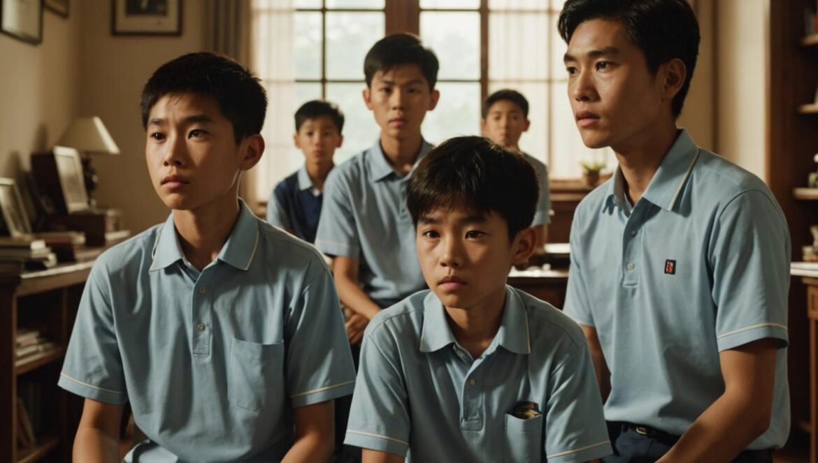 La joya taiwanesa que Netflix esconde… y que puede cambiar tu forma de ver el cine A centered, emotional family scene from a Taiwanese film, in a modest living room with soft evening light streaming through the window; two brothers—one in school uniform, one looking troubled—sit opposite each other with tense expressions, while their parents stand nearby with conflicted faces. Editorial, photorealistic style. Focus on capturing raw emotion and atmospheric depth, main subjects well-centered and in sharp focus, subtle cultural details like Chinese calendar or teacups.