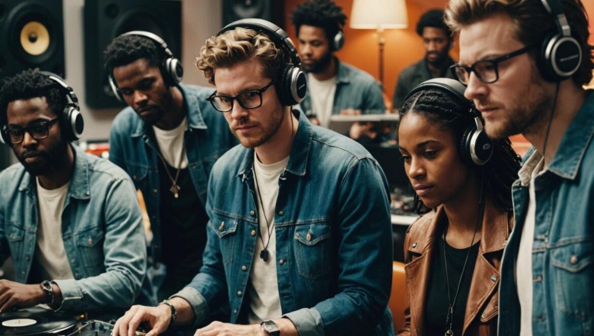 Los mejores discos de 2025: ¿qué álbum ha cambiado el juego este año? A group of diverse musicians in a bright, modern recording studio, photorealistic editorial style, artists surrounded by vinyl records, headphones and music equipment, lively discussion and creative energy, main subjects well-centered and in sharp focus, clean background with subtle references to classic albums and current pop culture.