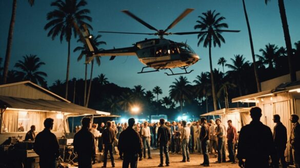 El accidente que cambió Hollywood para siempre: la tragedia real detrás de Twilight Zone: The Movie A 1980s film set at night, centered on a helicopter hovering dangerously low above a group of actors and crew, photorealistic editorial style, tense atmosphere with harsh artificial lighting illuminating the chaotic expressions on faces, old-school film equipment and cables scattered around, main subjects well-centered and sharply in focus, blurred background showing palm trees and vintage trailers.
