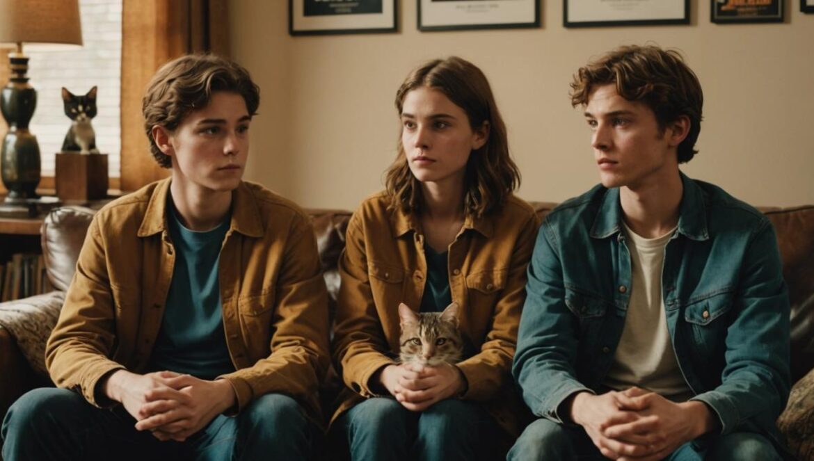 Sorry, Baby: El drama que reinventa el cine de trauma desde dentro A centered scene from an indie film set, with three young actors—one woman and two men—sitting on a cozy couch surrounded by soft natural lighting, movie posters and a cat nearby. The mood is intimate and contemplative, highlighting emotional connection. Photorealistic editorial style with warm tones. Main subjects are clearly centered and in sharp focus, evoking a sense of lived-in authenticity.