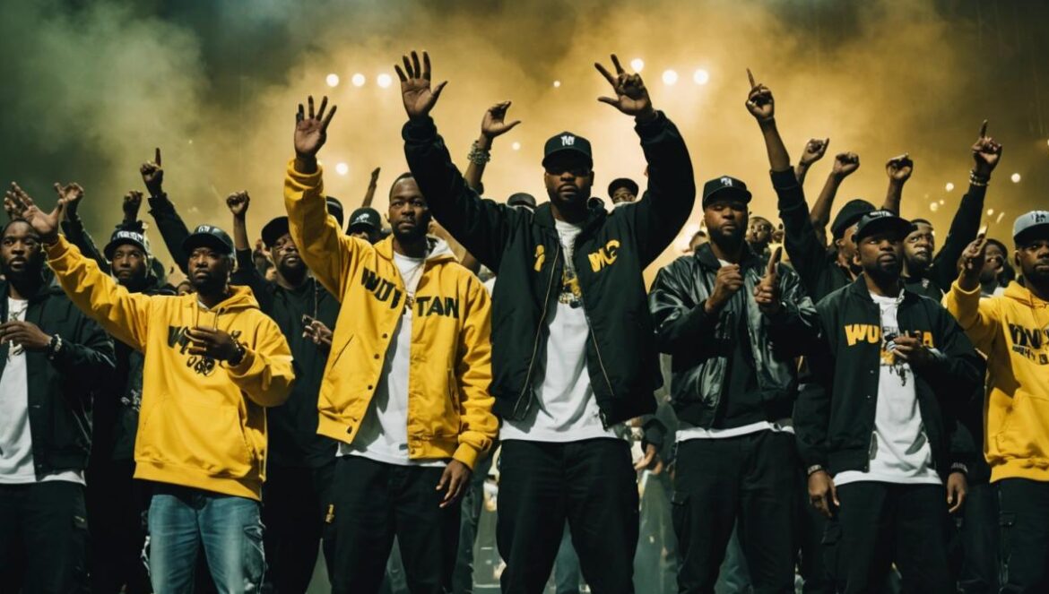 Wu-Tang Clan: El último tour que redefinió la nostalgia hip-hop… y lo que nadie te cuenta The nine members of the Wu-Tang Clan, center stage at a packed arena concert, photorealistic editorial style, dramatic lighting highlighting each artist's unique look and energy, sea of fans in Wu-Tang merch with hands raised, golden hues and subtle mist for an epic vibe, the group clearly centered and sharply in focus, crisp details on faces and stage setup.
