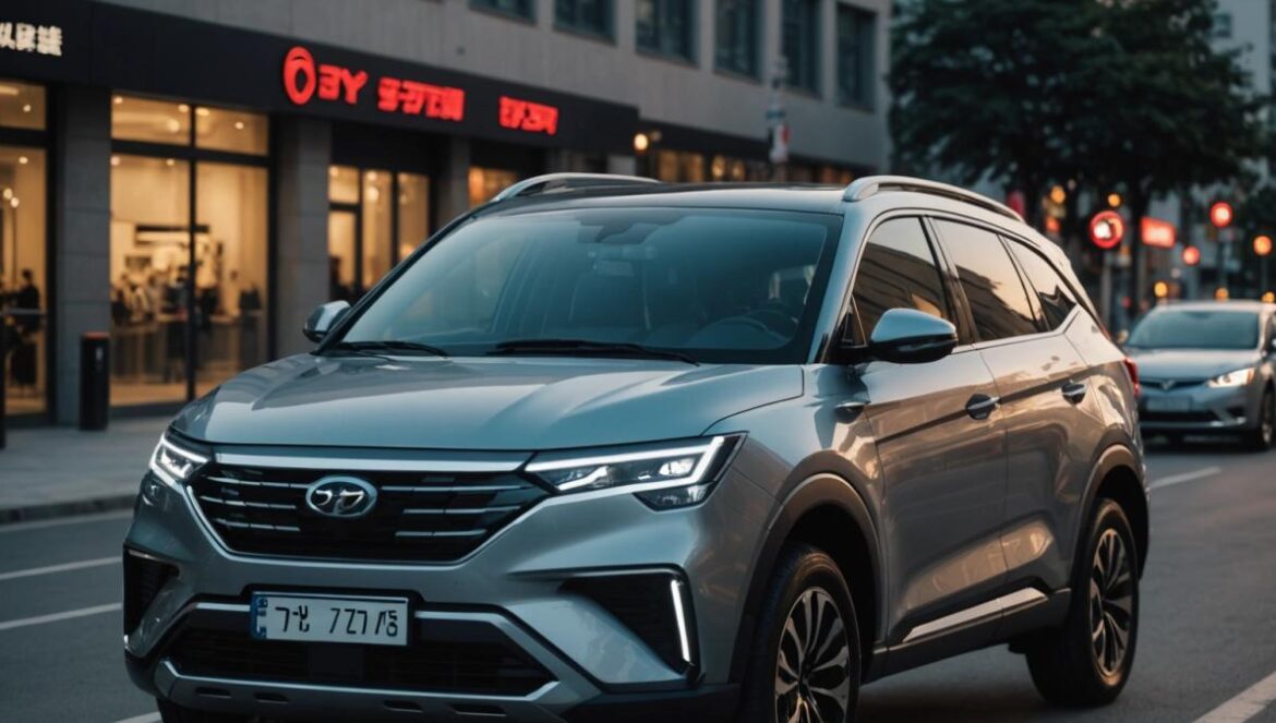 BYD Sealion 7 a prueba: ¿el SUV eléctrico chino que por fin le compite a Tesla? A modern BYD Sealion 7 electric SUV parked on an urban street, photorealistic editorial style, sleek design with futuristic LED lights, clean city background at dusk, the car is centered and in sharp focus, subtle reflections on its metallic paint, a sense of innovation and luxury.