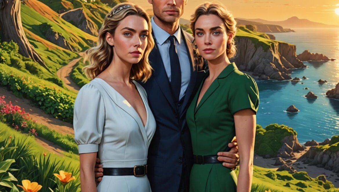‘Eden’: la película de Ron Howard que revive la locura real de la isla Floreana Ana de Armas, Jude Law y Vanessa Kirby caracterizados como colonos europeos en una isla volcánica del Pacífico, editorial photorealistic style, ambiente tenso al atardecer, vegetación salvaje, vestimenta de los años 30, rostros marcados por el cansancio y la desconfianza, centrados y enfocados en medio de una playa rocosa y misteriosa.