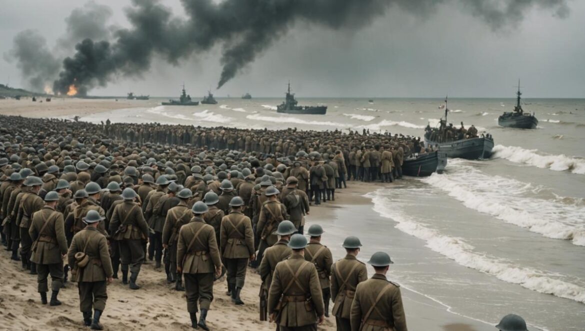 Dunkerque como nunca la viste: el día que Nolan reinventó el cine bélico A dramatic World War II scene at Dunkirk beach, hundreds of British and Allied soldiers anxiously waiting on the sand, small civilian boats approaching through misty waters, photorealistic editorial style, tense yet hopeful mood, detailed military uniforms and vintage boats, muted lighting with cloudy sky, main action centered with sharp focus on faces full of emotion.