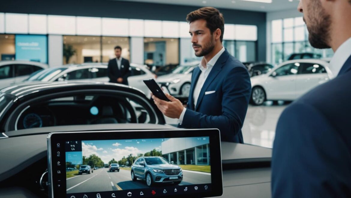 Los motores ya no importan: por qué el software manda en los coches de 2025 A modern car dealership showroom, photorealistic editorial style, young Latin American customers focused on the large touchscreen displays and digital features of several new cars, sales advisor demonstrating in-car connectivity, well-lit clean environment with tech gadgets visible, main interaction clearly centered and in focus.