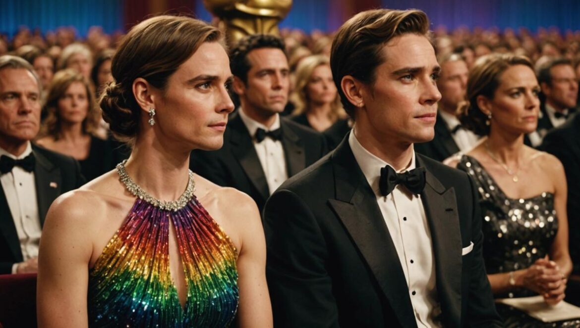 A tense Oscar awards ceremony in Los Angeles, photorealistic editorial style, two screenwriters seated together with anxious expressions as an envelope is opened on stage, elegant evening attire, dramatic lighting highlighting their faces, subtle rainbow pin on a lapel for symbolism, main subjects centered and in sharp focus with blurred background of audience.