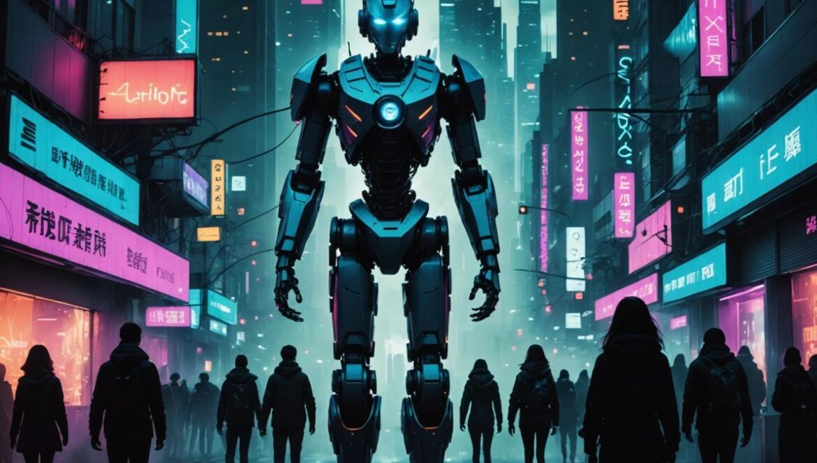 Alien llega a la Tierra: cyborgs, híbridos y terror digital A dramatic, editorial-style image of a futuristic cityscape at night, with neon-lit skyscrapers, advanced cyborgs and humans walking together on the streets. At the center, a mysterious humanoid robot (Wendy) stands facing the viewer, her features blending organic and synthetic elements. In the background, an ominous alien silhouette is subtly visible in the mist. The scene is sharply focused on Wendy, well-lit with cinematic contrast, conveying tension and anticipation.