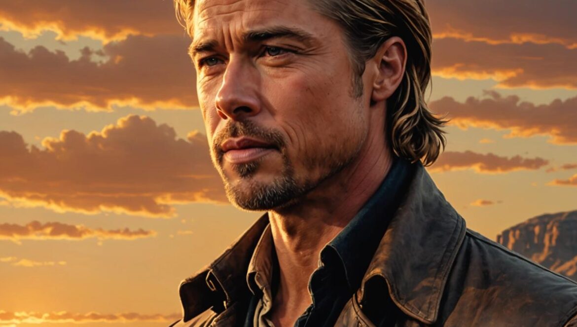 A photorealistic editorial image of Brad Pitt as Tristan Ludlow from Legends of the Fall, center-focused, set against a wild Montana landscape at sunset. The main subject is in period costume—long blonde hair, rugged clothes—staring intensely into the distance, with dramatic golden hour lighting highlighting his features. Subtle hints of emotional turmoil on his face. The background shows windswept grass and mountains, evoking epic drama. Everything is sharp and well-lit, conveying depth and cinematic allure.
