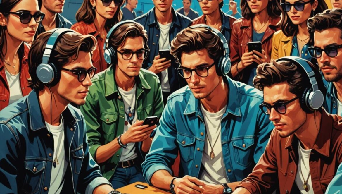 Nueva música con alma real: Nick León, Gelli Haha y los lanzamientos que redefinen el 2025 sonoro A group of young, stylish people gathered around a table full of vinyl records and smartphones, all listening to new music releases with excited expressions, photorealistic editorial style, vibrant lighting, urban background with posters of Nick León, Gelli Haha, and other trending artists, main subjects centered and in sharp focus.