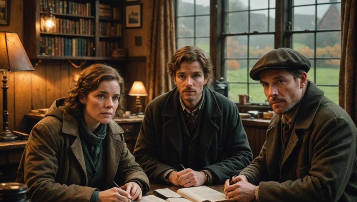 Bodkin arrasa en Netflix: el true crime que mezcla sátira, bienestar y folk horror irlandés A group of three diverse investigative journalists in cozy autumn attire, sitting around a rustic wooden table covered with old case files and podcast equipment, set in a misty Irish village pub. Editorial photorealistic style, warm natural lighting from vintage lamps, main trio centered in sharp focus, background features Irish countryside visible through rain-speckled windows, subtle tension and curiosity on their faces.