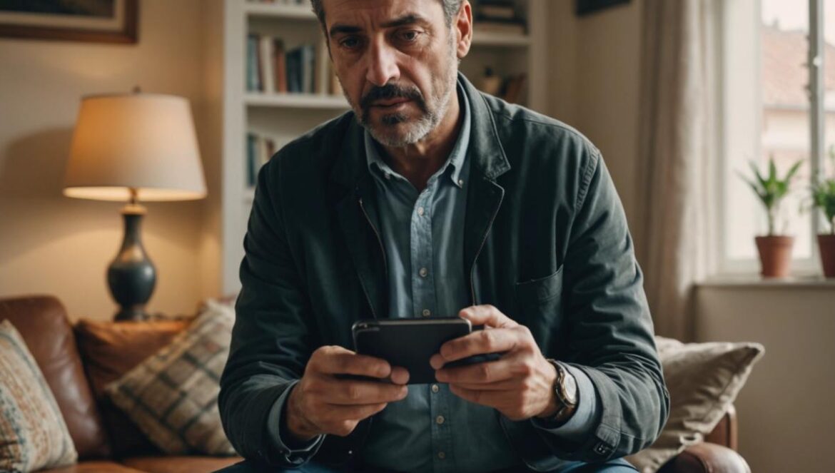 Bizum: ¿revolución financiera o bomba de tiempo digital? A middle-aged Spanish man checking his smartphone in a cozy living room, looking surprised as he receives a money transfer notification, photorealistic editorial style, daylight coming through the window, details include a modern phone with a Bizum notification on screen and subtle legal documents on the table, main subject clearly centered and in sharp focus, clean background.