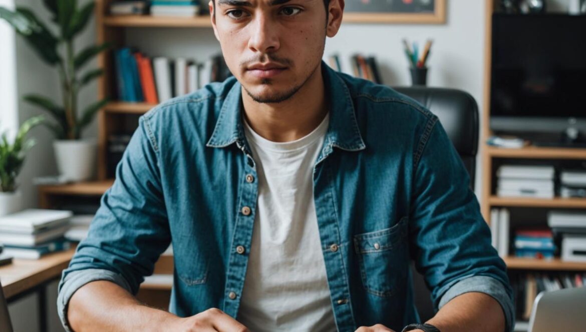 Estafas con SSD baratas: ¿Por qué caemos y cómo evitarlo en 2025? A frustrated young Latin American man in his home office, holding an opened fake SSD drive with visible metal weights and a small circuit board, photorealistic editorial style, bright natural lighting, modern tech gadgets and books in the background, main subject well-centered and in sharp focus, clean background for clear emphasis on the fake product.