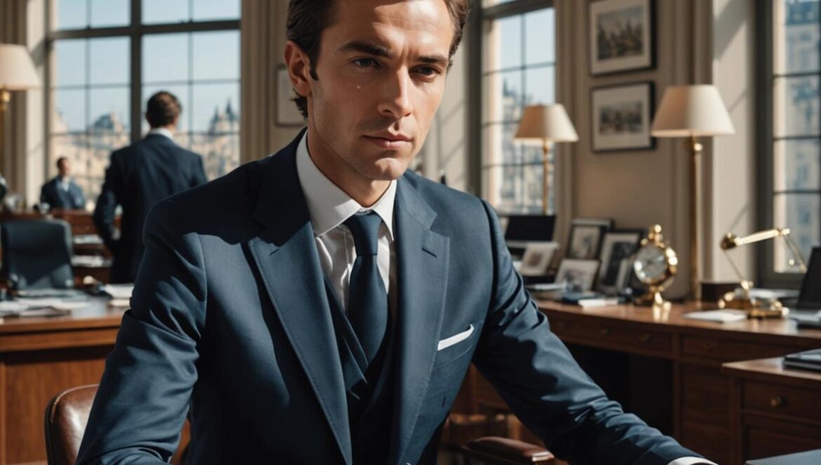 Jean Arnault: el heredero millennial que revoluciona el lujo con cabeza fría y alma propia A young, elegant French businessman (Jean Arnault) in a stylish office filled with modern art and luxury watches, photorealistic editorial style, warm daylight through large windows, center-focused composition with Jean at the desk thoughtfully reviewing watch prototypes, subtle hints of Parisian chic in decor, main subject sharply in focus with a clean background of creative professionals collaborating.