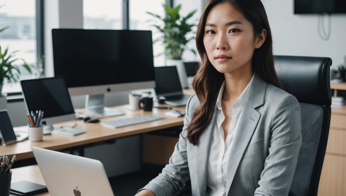 A young Asian woman in her early 30s, casually dressed in affordable fashion, sitting confidently in a modern yet modest office surrounded by tech gadgets and startup paraphernalia, photorealistic editorial style, bright natural lighting, clean minimalist background. Main subject centered and in sharp focus, subtle touches of luxury like a business class boarding pass on the desk, but with clear signs of a simple lifestyle (e.g., old Honda car keys nearby).