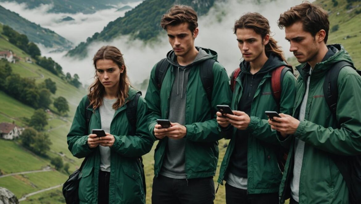 El thriller vasco que lo está petando en Netflix: ¿por qué todos hablan de “Desaparecido”? A focused scene of a group of young adults in a misty Basque mountain setting, their faces tense with suspense, holding smartphones with a viral video playing. Editorial photorealistic style, moody natural lighting reminiscent of northern Spain. Main group well-centered and in sharp focus; lush green mountains and subtle Basque cultural elements (like signage or clothing details) in the background. Evoke an atmosphere of intrigue and local authenticity.