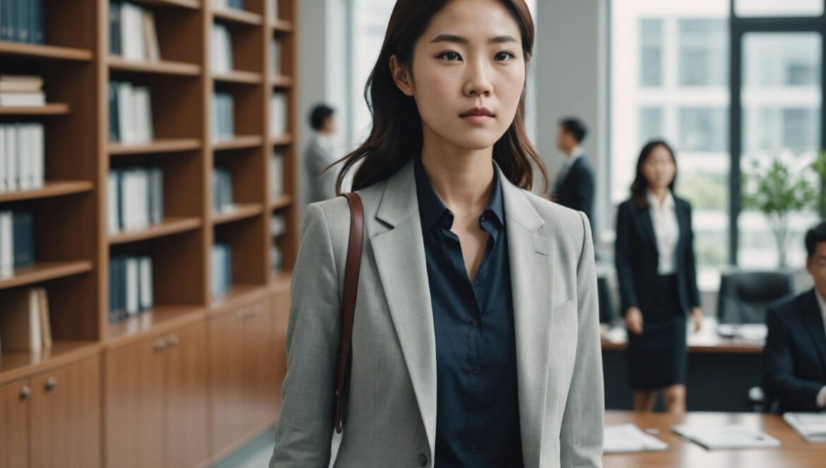 “Una Abogada Extraordinaria”: el K-drama que conquistó al mundo más allá del furor de Netflix A young Korean woman in professional attire, confidently walking through a modern law firm office, photorealistic editorial style, bright natural lighting, surrounded by legal books and attentive colleagues, focused expression, the main subject clearly centered and in sharp focus with crisp details, clean minimal background highlighting her presence.
