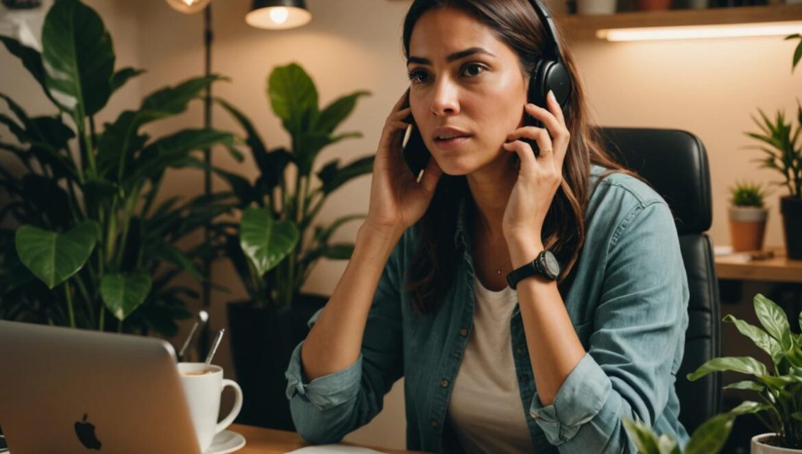 ¿Telemarketing al límite? El insólito caso que revela el lado B del home office A young Latina woman in her 30s, sitting at a home office desk surrounded by houseplants and soft lighting, holding a phone to her ear with a surprised expression. Computer screen shows multiple call logs. Editorial photorealistic style, center-focused composition, tidy workspace with coffee mug and notepad in the background, cozy atmosphere, main subject well-centered and in sharp focus.