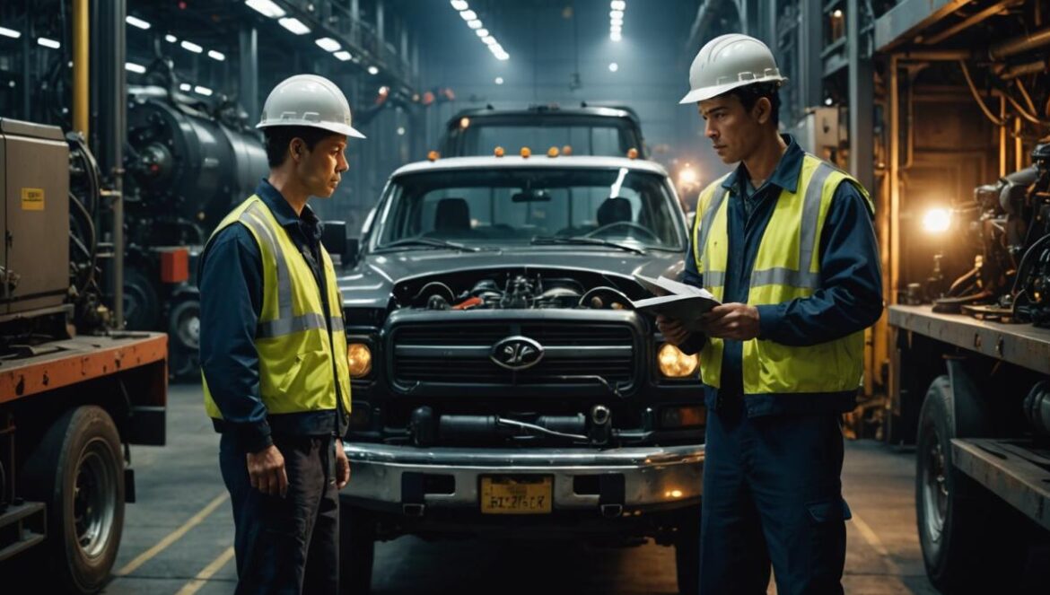 El caso Kia en India: el robo masivo que dejó en ridículo a la industria 4.0 A photorealistic editorial-style image centered on two factory workers in uniforms, secretly loading large car engines onto a truck at night outside an industrial plant. The main subjects are well-centered and sharply focused, surrounded by dim security lights, security cameras in the background, and stacks of mechanical parts. The mood is tense and mysterious, with subtle evidence of forged documents and fake license plates on the truck clearly visible.