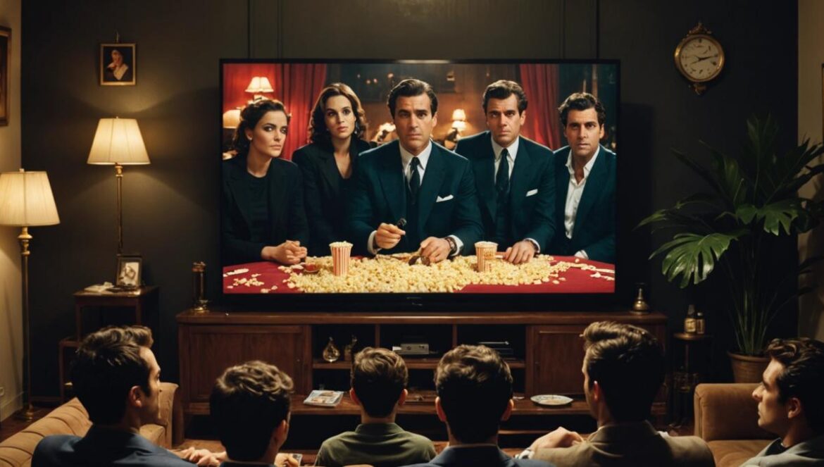 El batacazo de De Niro que resucitó en streaming y ahora es número 1 mundial A photorealistic editorial-style image of a living room in Madrid at night, with a large TV screen showing a dramatic scene from a gangster film. The main subject is a group of young adults, stylish and diverse, seated on a cozy couch intensely watching the movie, surrounded by popcorn bowls and soft lighting. Posters of classic mafia films like 'Goodfellas' and 'El Padrino' adorn the background walls. The mood is engaging and suspenseful, with the group centered in sharp focus for a lively cultural viewing atmosphere.
