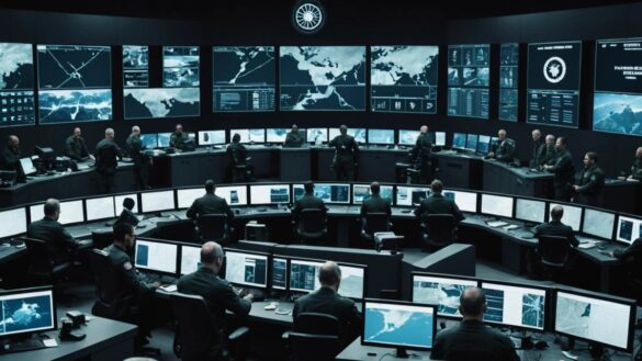 A modern military operations center, photorealistic editorial style, central focus on a diverse team of analysts in front of digital maps and live satellite feeds showing the Middle East, high-tech gadgets and glowing screens, mood is tense and urgent, clean background with U.S. and Israeli insignias subtly visible. Main subjects (analysts and commanders) are well-centered and in sharp focus.