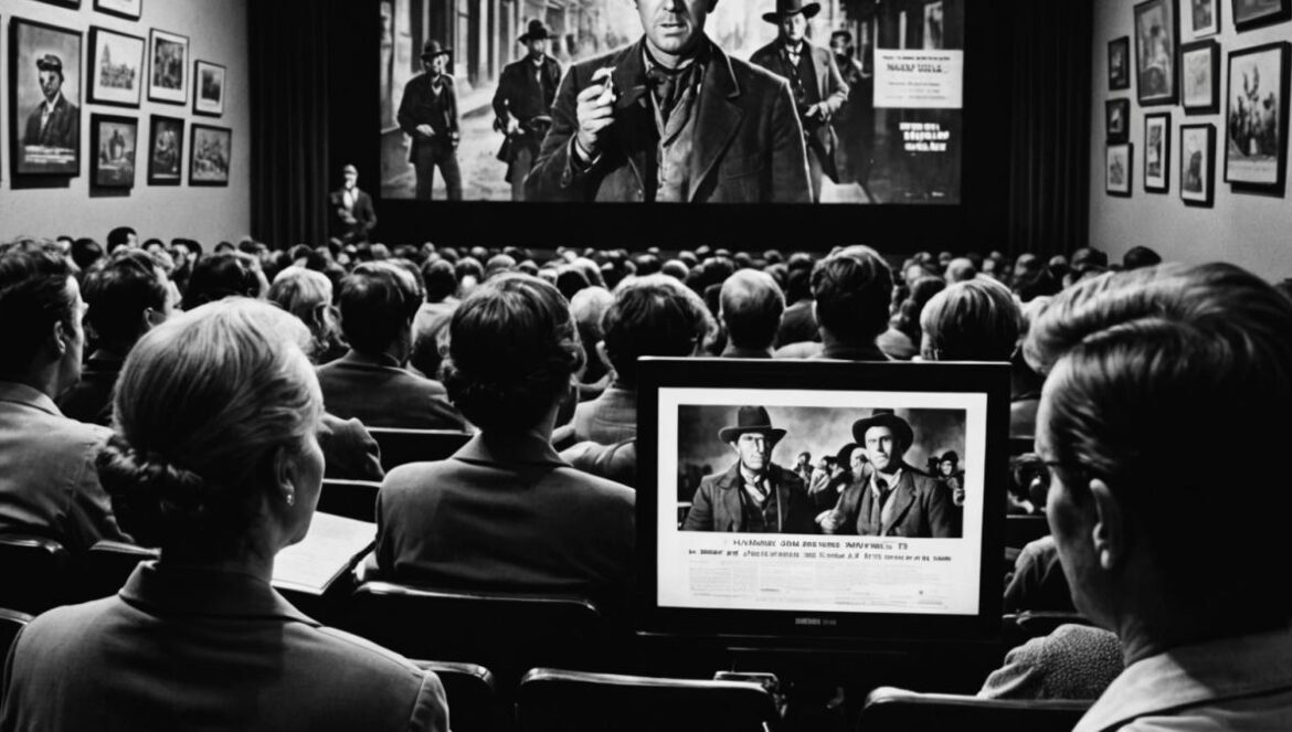 A vintage cinema screening in Madrid, showing a classic black-and-white western film, photorealistic editorial style, moviegoers of diverse ages watching intently, warm theater lighting, posters of 'Incidente en Ox-Bow' and other classic westerns on the walls, the main subject (a reflective woman with a notebook) centered and sharply in focus, background shows film frames projected on screen.