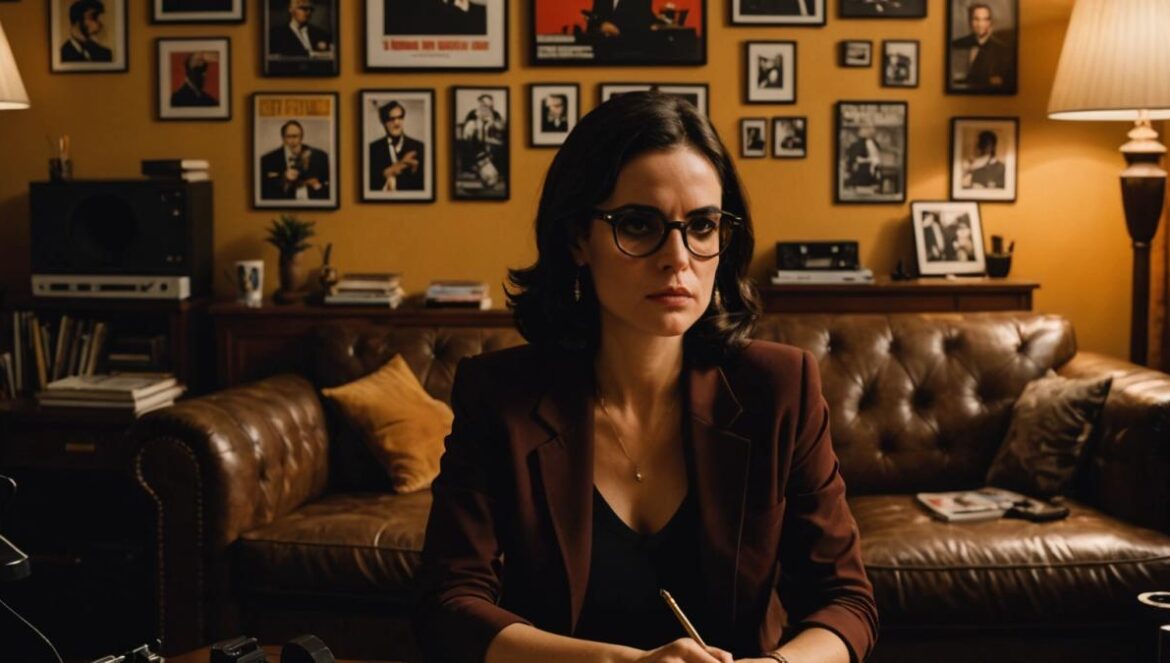 ¿Por qué El Padrino sigue reinando como el mejor film según los fans alemanes? Te lo cuento desde dentro A photorealistic editorial image featuring a cozy living room in Madrid, with a woman in her 30s (dark hair, stylish glasses), surrounded by classic movie posters ('The Godfather', 'Vertigo', 'Pulp Fiction'), vinyl records, and film books. She takes notes in a notebook while watching a classic movie on a projector. Warm ambient lighting, main subject centered and sharply focused, detailed cultural props.