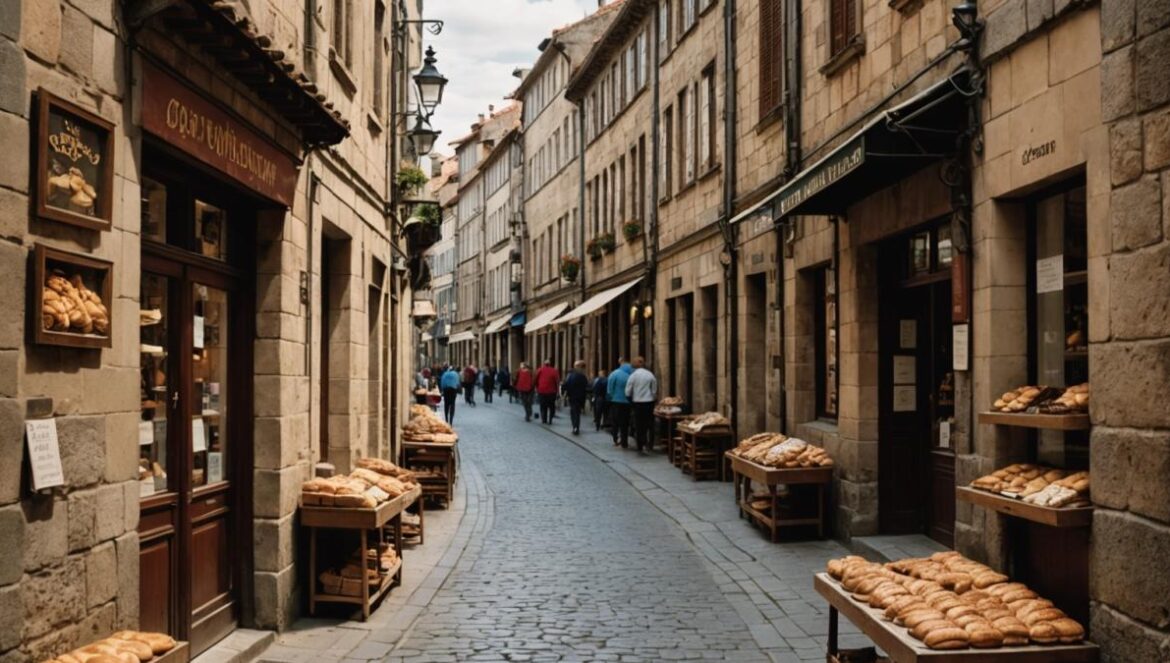 ¿Éxito o amenaza? Turistificación en Santiago como nunca te la contaron A busy historic street in Santiago de Compostela, photorealistic editorial style, well-centered focus on a traditional bakery with closed shutters surrounded by open souvenir shops filled with colorful trinkets and tourists, early morning natural lighting, visible local residents passing by looking contemplative, cobblestone pavement, clear contrast between local and tourist-oriented commerce.