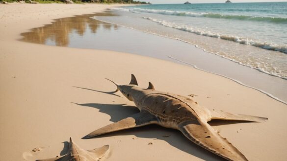 A golden sandy beach with gentle waves and lush palm trees in the background, editorial photorealistic style, main focus on a serene shoreline where a large, flat-bodied angel shark blends into the sand while bathers walk nearby, bright daylight with warm tones, clear sky, the angel shark subtly visible but well-centered and in sharp focus.