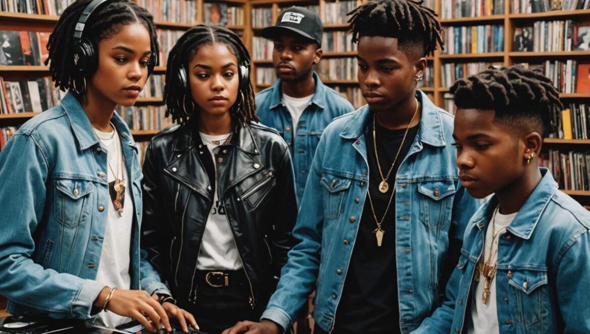 A dynamic editorial photo of young music fans in a stylish urban record store, photorealistic style, vibrant lighting with album covers of Maiya Blaney and Leikeli47 prominently displayed, diverse group of friends discussing vinyls at the center, energetic and modern vibe, sharp focus on main subjects and crisp backgrounds.