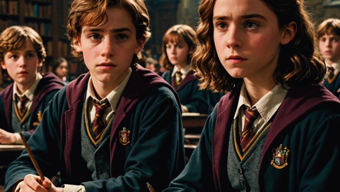 Harry Potter: El error en El Prisionero de Azkaban que los fans no pueden dejar pasar Three teenage actors dressed as Harry Potter, Ron, and Hermione, sitting in a Hogwarts classroom during a Defense Against the Dark Arts lesson, photorealistic editorial style, central focus on the trio with slightly different faces (stand-ins), lively but confused expressions, moody lighting reminiscent of a magical scene, visible wands and textbooks on desks, sharp focus on the main subjects.
