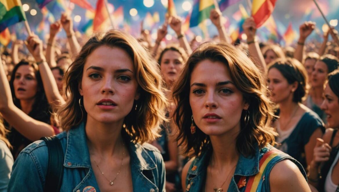 Two women resembling early-2000s pop stars, center stage at a dramatic comeback concert, photorealistic editorial style, intense spotlight, a sea of diverse fans waving rainbow flags and vintage posters, dynamic atmosphere with hints of nostalgia and modernity, main subjects in sharp focus against a blurred energetic crowd.