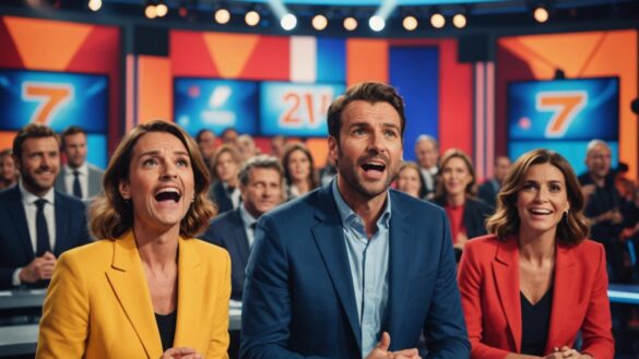 A French TV studio during a live game show, photorealistic editorial style, main hosts at the center with shocked and amused expressions, bright stage lights, audience in the background reacting with laughter and surprise, main subjects well-centered and sharply focused, modern set design with vibrant colors, energetic atmosphere.