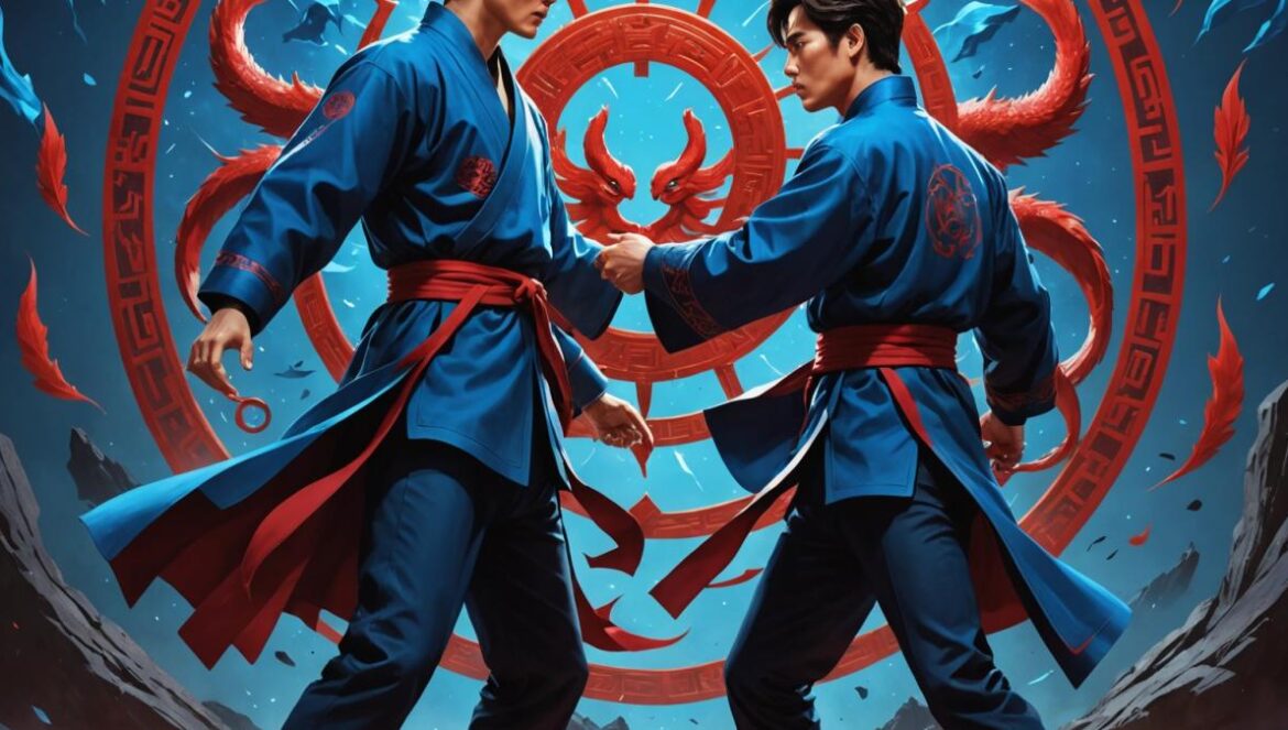 Twelve’: Ma Dong-seok y Park Hyung-sik en el K-drama zodiacal que mezcla acción brutal y mitología oriental Two intense Korean actors, Ma Dong-seok and Park Hyung-sik, facing each other in a dramatic showdown inspired by zodiac symbols, photorealistic editorial style, vivid lighting with mystical blue and red accents, dynamic action poses at the center, background showing shadowy figures representing other zodiac guardians, main subjects well-centered and sharply focused for a cinematic look.