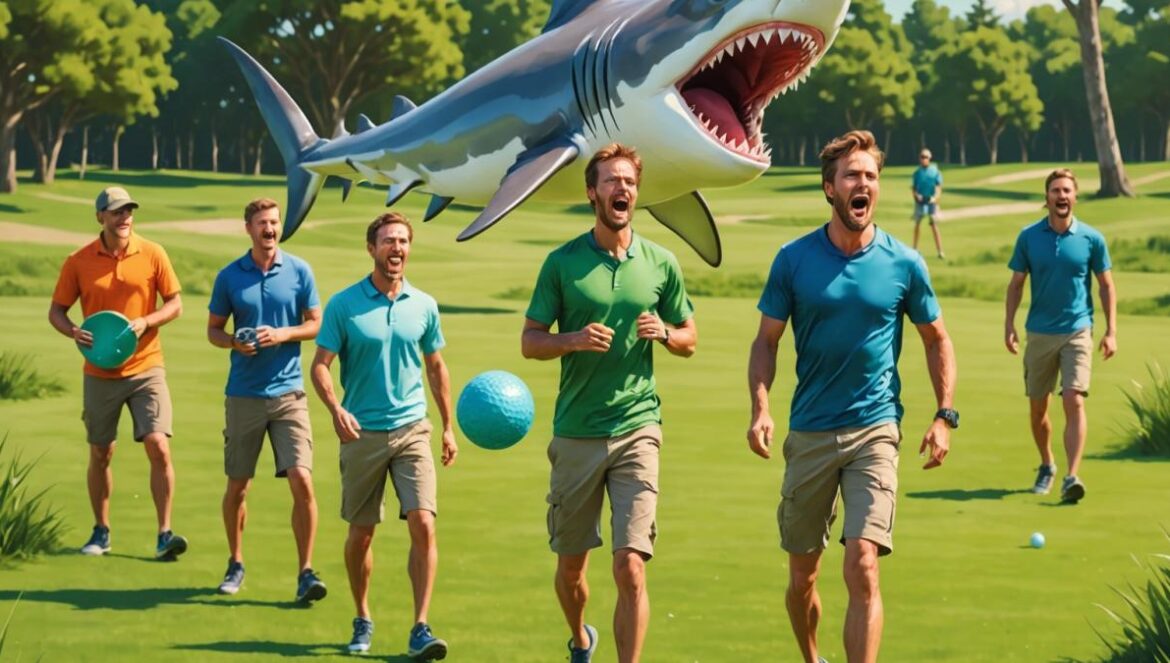 Un tiburón cae del cielo en plena partida: real, no Sharknado A surprised group of disc golf players in an open green field, a small hammerhead shark lying on the grass in the center, photorealistic editorial style, midday sunlight, shocked faces, flying frisbees in the background, main subject (the shark) centered and in sharp focus, with visible ocean in the far distance.