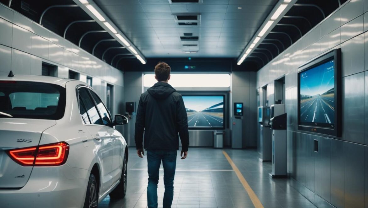 ¡Bienvenido a los túneles inteligentes! La IA que detecta rayones invisibles y revoluciona las rentas de autos A young man returning a rental car at an airport, photorealistic editorial style, the car passing through a high-tech inspection tunnel with cameras and LED lights, the man looks surprised as a digital screen highlights a tiny scratch on the wheel, bright daylight, main subject and car centered and in sharp focus, clean modern background with subtle tech branding.