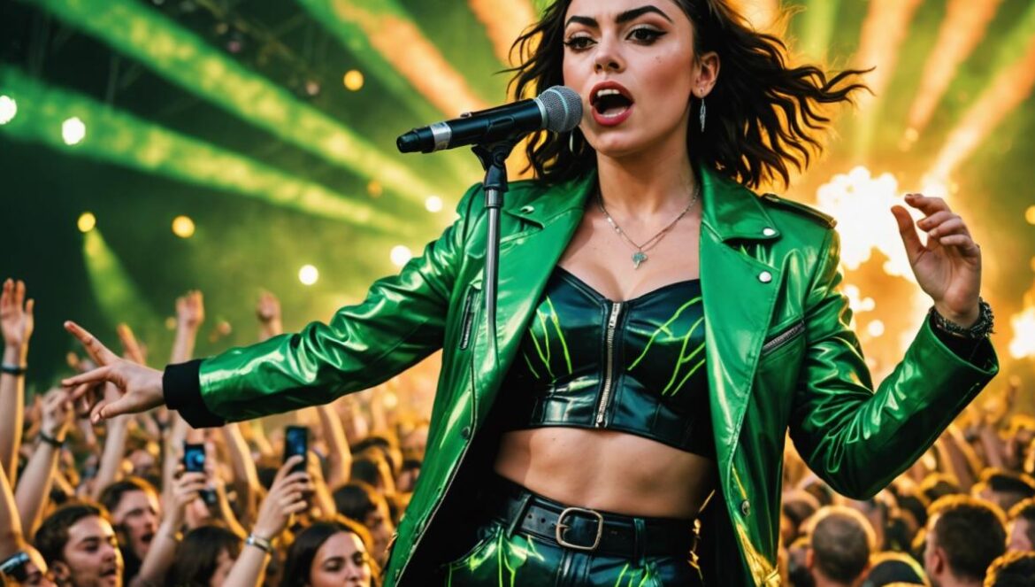 Brat no fue solo un disco: cómo Charli XCX convirtió un álbum en un movimiento generacional con final en llamas Charli XCX on stage at Glastonbury 2024, a massive green 'brat' curtain dramatically burning behind her, photorealistic editorial style, dynamic concert lighting with green and orange flames, Charli in an energetic pose holding a microphone, crowd in the foreground, main subject well-centered and sharply in focus, vivid colors capturing the emotion and chaos of the moment.