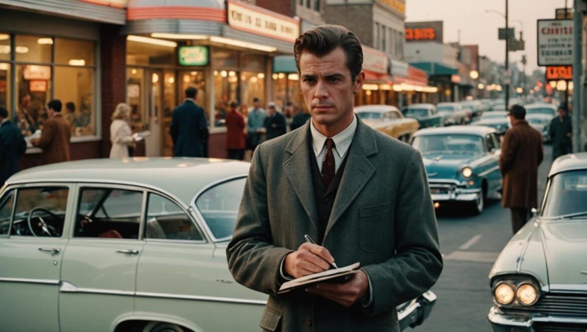 11.22.63 en Prime Video: el viaje temporal donde salvar a JFK puede costarte todo (y aún así no podrás dejar de verlo) A stylish scene from the 1960s, a man dressed in period attire stands in the center holding a mysterious notebook, behind him a classic American diner and vintage cars, photorealistic editorial style, warm nostalgic lighting with detailed era props, main subject sharply centered and focused against a bustling yet softly blurred city street.