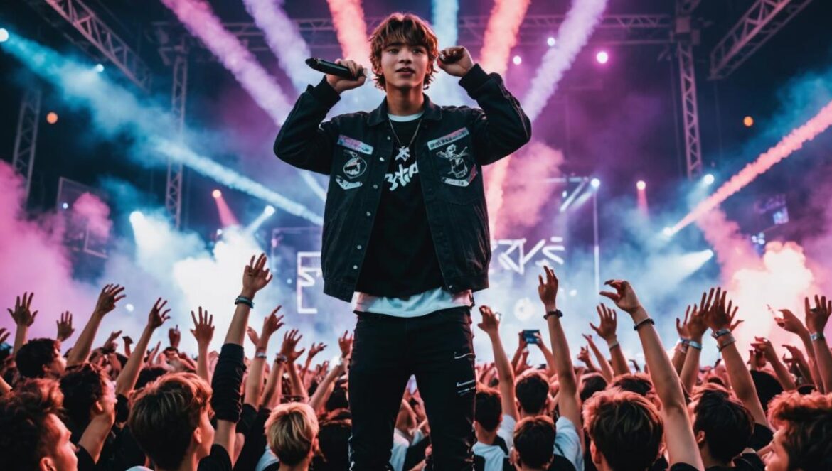 ¿Por qué la gira de Stray Kids en Norteamérica ya es historia del K-pop y cambió las reglas del pop global? Stray Kids performing live on stage at Rogers Stadium, photorealistic editorial style, vibrant lights and energetic crowd with colorful glowsticks, members center-focused with dynamic poses, modern concert visuals in the background, lively and youthful atmosphere, clean sharp focus on band and fans at the front.