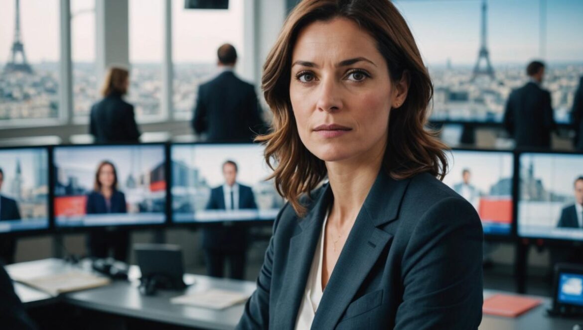 ¿Qué hace única la saga Duquesne en el periodismo francés? A French television newsroom, photorealistic editorial style, a woman in her 30s confidently leading a news meeting with screens showing live news in the background, bright natural lighting, Parisian cityscape visible through large windows, main subject (the journalist) well-centered and in sharp focus, professional yet warm atmosphere.