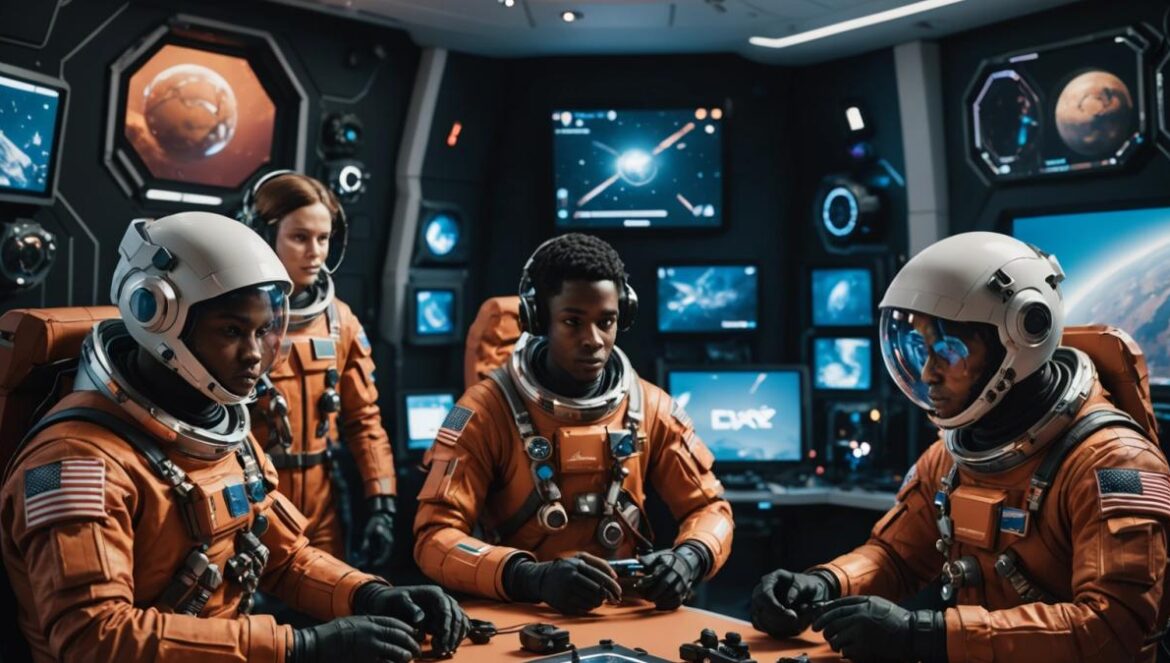 ¿Sobrevivirías en Marte? Así fue el año gamer de la tripulación CHAPEA Four diverse astronauts in a photorealistic 3D-printed habitat, center-focused around a table playing strategy games on a PS4, with futuristic consoles and screens showing Mars landscapes, editorial style, warm lighting, relaxed mood, realistic props like ration packs and plants, clear focus on the crew's faces expressing camaraderie.