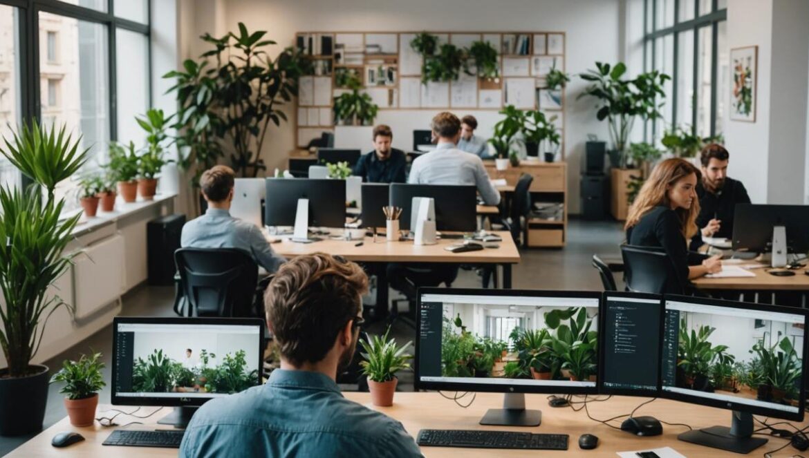 ¿Semana laboral de 4 días o vigilancia encubierta? El caso que incendió LinkedIn A modern open-plan office in Barcelona, with diverse young professionals working at laptops, photorealistic editorial style, midday natural lighting, some people focused while one person multitasks with two screens in the center, subtle presence of plants and candles for a cozy vibe, main subject (the multitasker) clearly centered and in sharp focus, clean background with tech details visible.