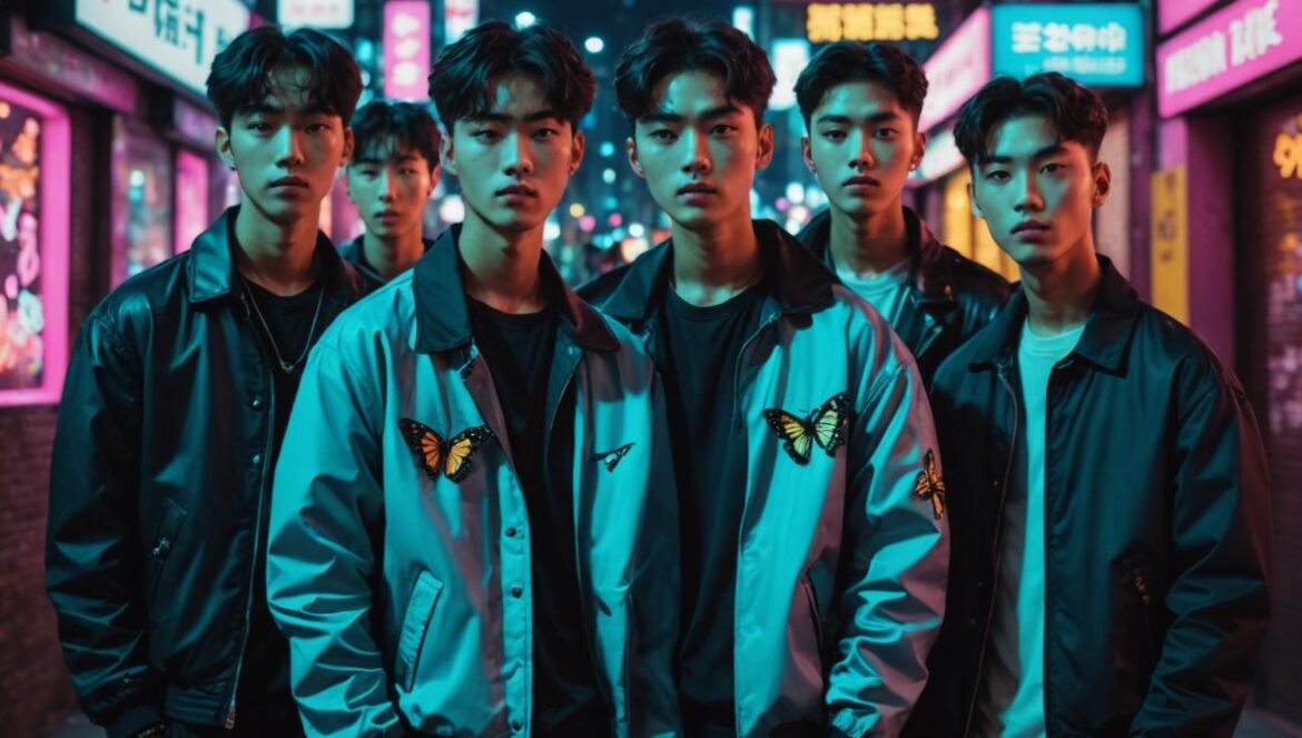 El grupo coreano 8TURN posando juntos en una ciudad iluminada por neones y detalles de mariposas.