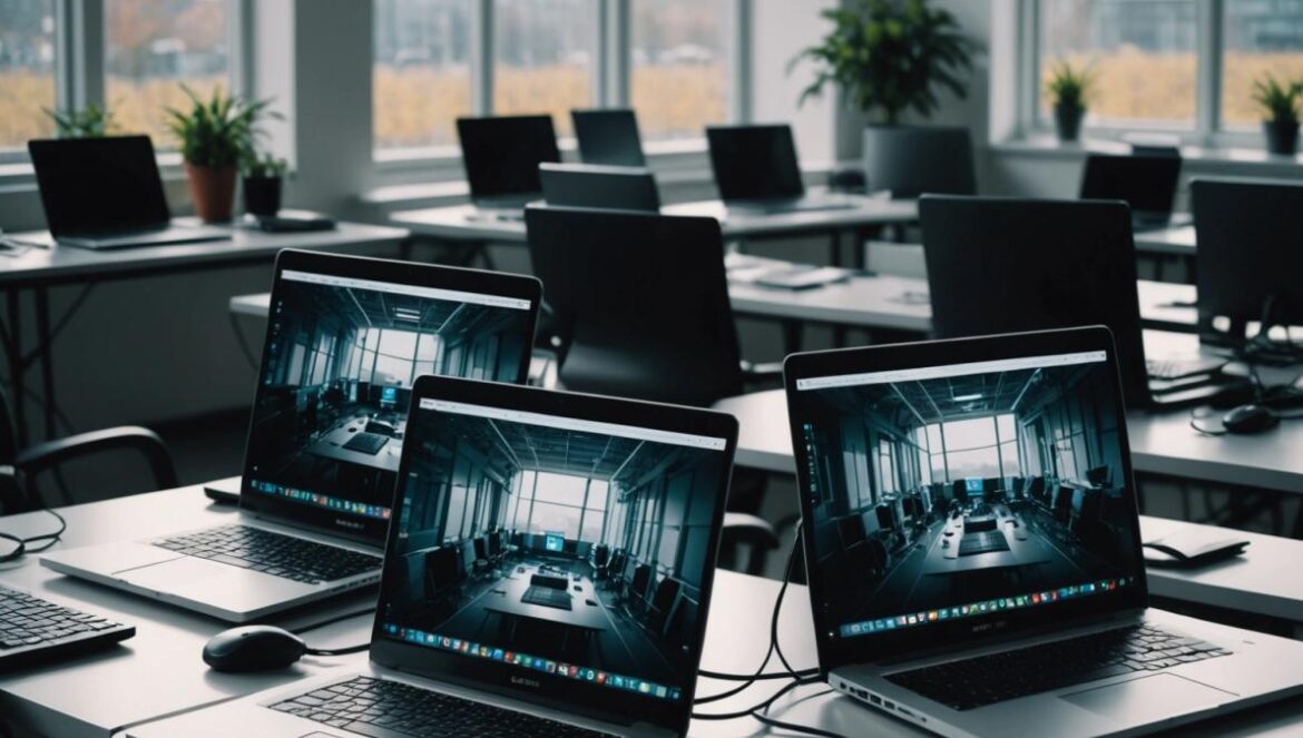 Teletrabajo infiltrado: la operación secreta de Corea del Norte con granjas de portátiles en EE.UU. que financió misiles A group of modern laptops arranged in rows on tables inside a bright office, photorealistic editorial style, moody morning light through large windows, cables and tech accessories visible, the main focus is on the laptops with a shadowy figure remotely controlling them in the background, center-focused composition, sharp and clean.