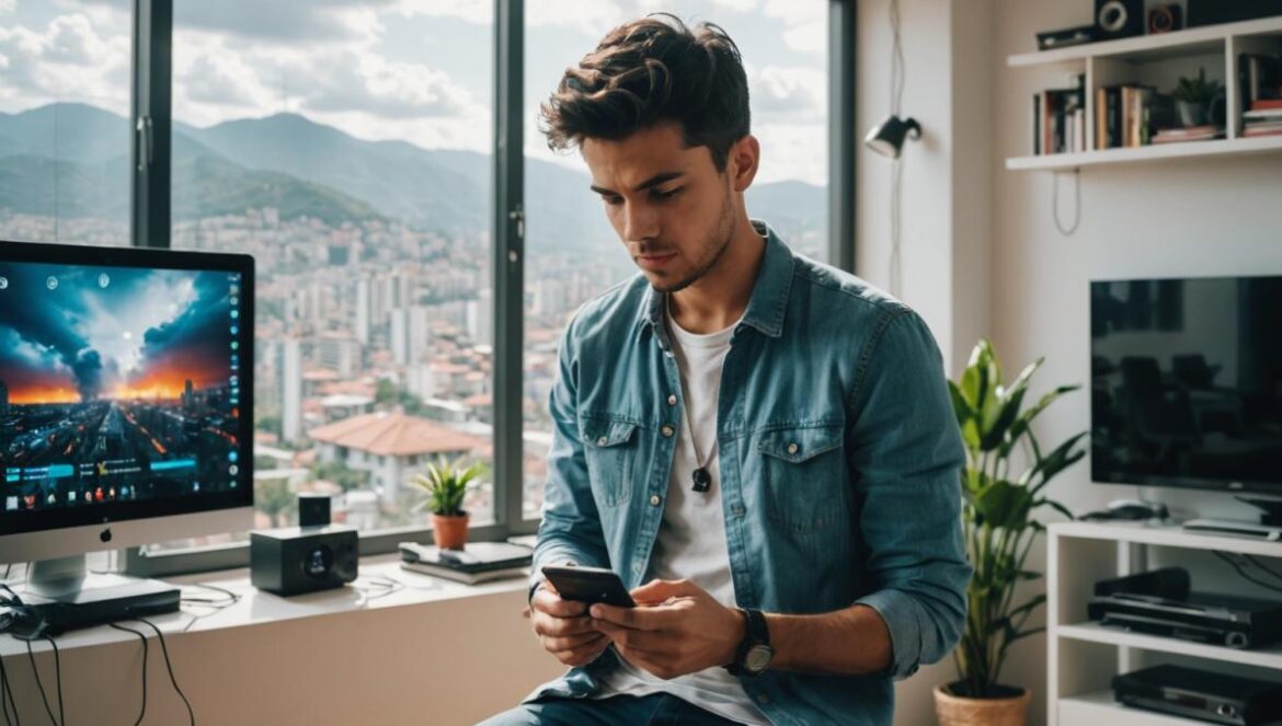 Calor extremo 2025: cómo la tecnología se convirtió en nuestro salvavidas A young man in a modern apartment in Medellín, surrounded by tech gadgets, fans, and smart home devices, using his smartphone to check weather apps. Photorealistic editorial style, bright daylight coming through the window, main subject centered and clearly focused, visible temperature display on a gadget, books and cables in the background for a dynamic tech vibe.