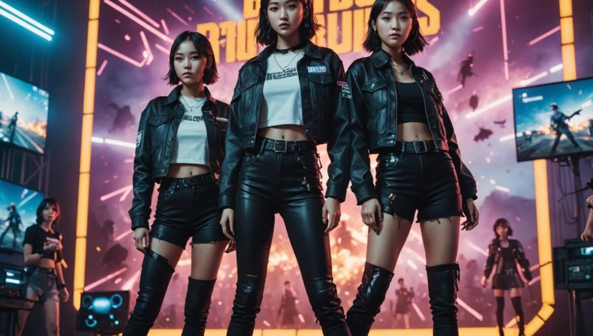 Cuando el K-pop entra al game: aespa y PUBG lanzan ‘Dark Arts’, la colaboración que une fandoms y rompe moldes Four stylish young women (K-pop idols) performing energetically on a dramatic stage with neon lighting, in front of giant screens displaying PUBG: BATTLEGROUNDS visuals—digital battlegrounds, avatars, and in-game action. Editorial, photorealistic style. Main group centered and in sharp focus, vibrant atmosphere, crowd immersed in both music and gaming excitement.