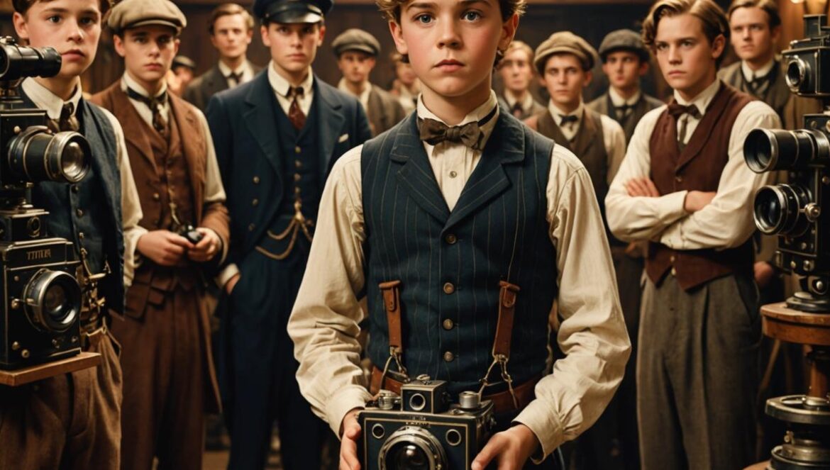 El niño de Titanic que dijo una sola frase y sigue cobrando cheques 25 años después: la surrealista historia de Reece Thompson A young Reece Thompson on the set of Titanic, dressed in early 20th-century clothing, standing next to a film camera and surrounded by crew members in a bustling studio environment. Photorealistic editorial style, warm lighting highlighting his innocent expression, with vintage props like steamer trunks and period costumes in the background. The main subject is clearly centered and in sharp focus, capturing both the excitement of filmmaking and a sense of cinematic history.