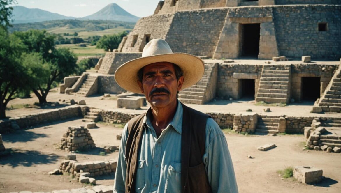 Pirámide circular en Hidalgo: el hallazgo arqueológico que conecta Tecacahuaco con el poder ancestral de Metztitlán A Mexican farmer in Hidalgo, Mexico, standing astonished before a partially uncovered ancient circular pyramid structure made of stone and lime, surrounded by rural landscape with archaeological tools visible. Photorealistic editorial style, midday sunlight, clear blue sky, sharp focus on the central figure and the mysterious ruins, subtle background details of the countryside.