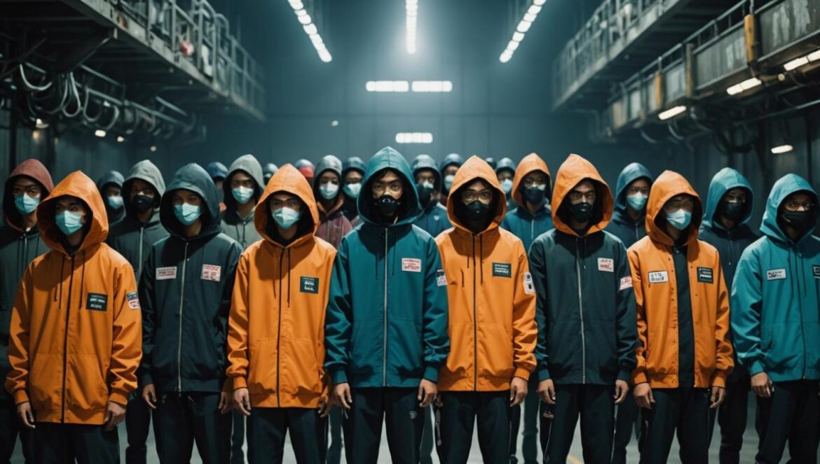 Squid Game 3: cuando la crítica social se rindió al espectáculo global A tense group of diverse Squid Game contestants standing in a dimly lit industrial arena, main subject Gi-hun centered and looking conflicted, photorealistic editorial style, dramatic overhead lighting, somber mood, Korean game props scattered around, VIPs in masks watching from above, all sharply in focus with clean background.